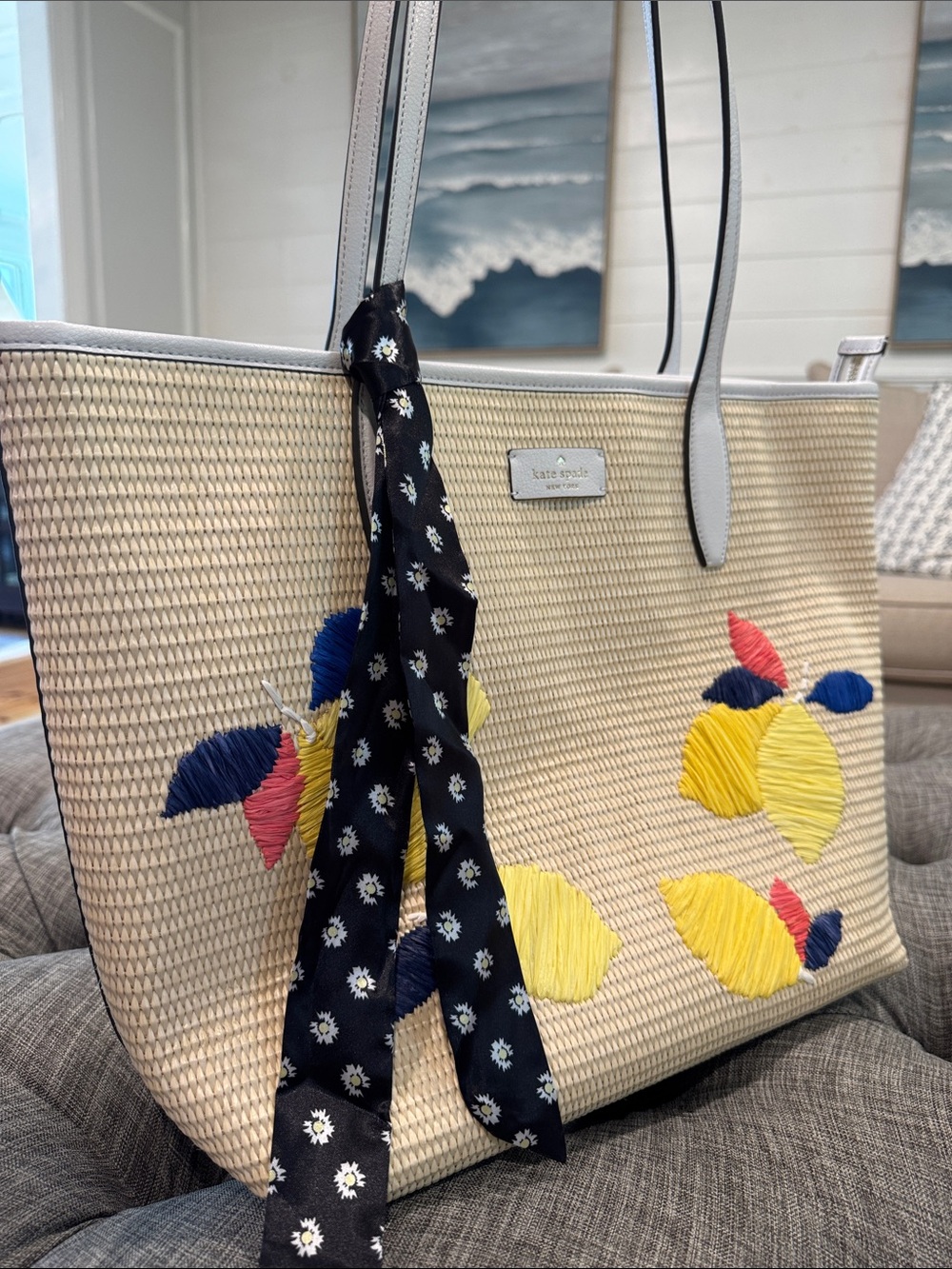 kate spade Bag Ash Straw Lemon Zest Large Woven Tote EUC - Picture 3 of 17